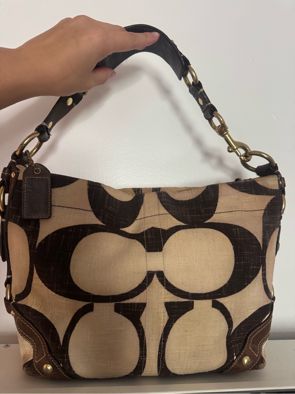 Coach Beige and Brown Signature Canvas Shoulder Bag